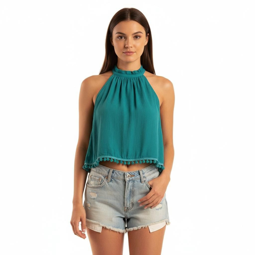 Lovers + Friends Teal Pom Pom Top -Small - New